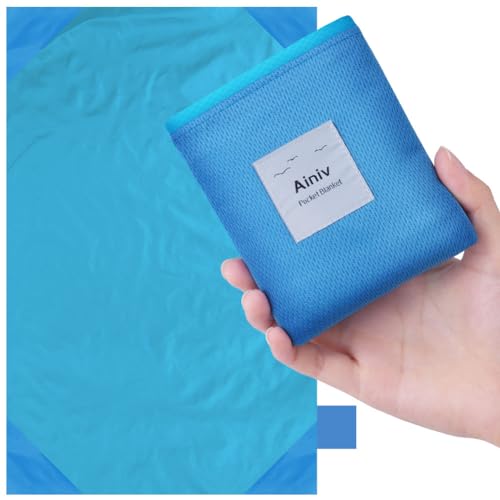 Ainiv Picnic Blanket, Mini Pocket Beach Mat 43.3 x 55.1IN (2-3 People) - color: Blue, size: 43.3 x 55.1''(M for 2-4 person)