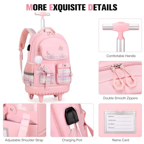 ACESAK Rolling Bow Backpack for Girls with Lunch Bag & Pencil Pouch - color: Pink