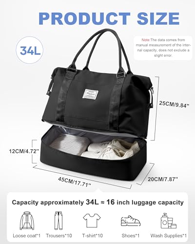 Travel Duffel Weekender Bag Women Tote Carry On Bags With Shoe Compartment - color: H-Black, size: Large