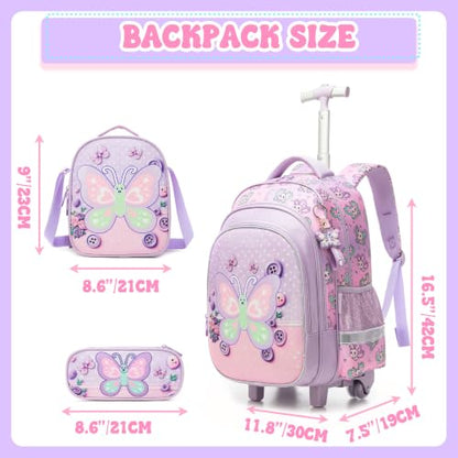 Meetbelify Rolling Backpack for Girls Butterfly Backpack with Wheels Kids Purple Roller Suitcase Travel Luggage for Elementary Student Ages 6-8 - color: Butterfly