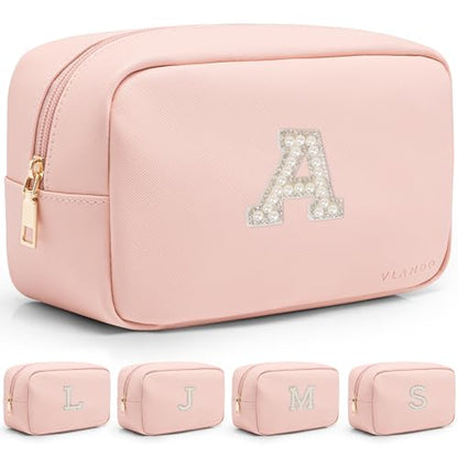 VLANDO Travel Cosmetic Pouch with Pearl Monogram Patch,Pink A - color: 03-Pink-A
