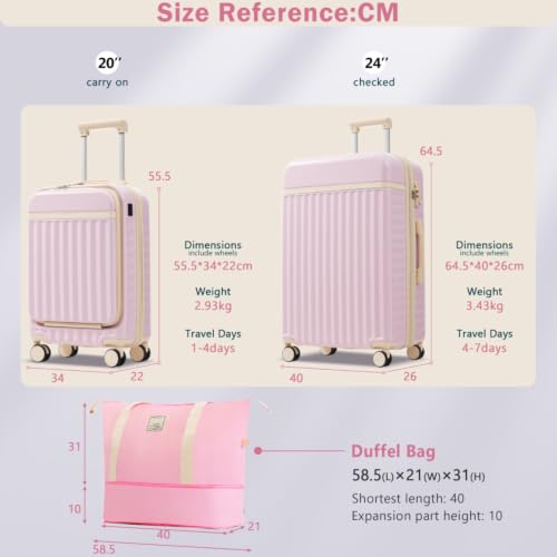 ABS Hardshell Front-Opening 3-Piece Luggage Set – 20″ Carry-On with USB Charging Port & Laptop Compartment, 24″ Expandable Checked Spinner Suitcases + Travel Duffel Bag, TSA Lock (3pcs Pink) - color: 3pcs Pink