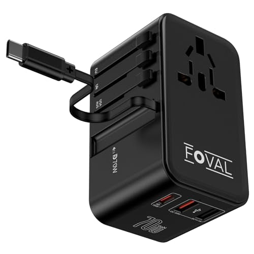 FOVAL 유럽 여행용 플러그 어댑터, 접이식 USB C 케이블이 있는 범용 여행용 어댑터, 유럽 이탈리아 영국 미국 AUS (70W) 용 올인원 국제 전원 어댑터 - size: 70W