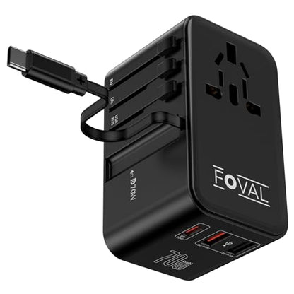 FOVAL 유럽 여행용 플러그 어댑터, 접이식 USB C 케이블이 있는 범용 여행용 어댑터, 유럽 이탈리아 영국 미국 AUS (70W) 용 올인원 국제 전원 어댑터 - size: 70W