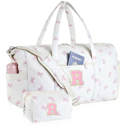 Personalized Quilted Duffle Bag for Travel Gym Weekender Hospital Carry On - color: Pink Bow, size: R