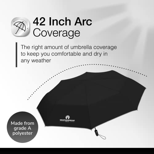 Weatherproof Automatic Rain Umbrella, Compact, Lightweight for Travel, Full 42 Inch Arc, Black