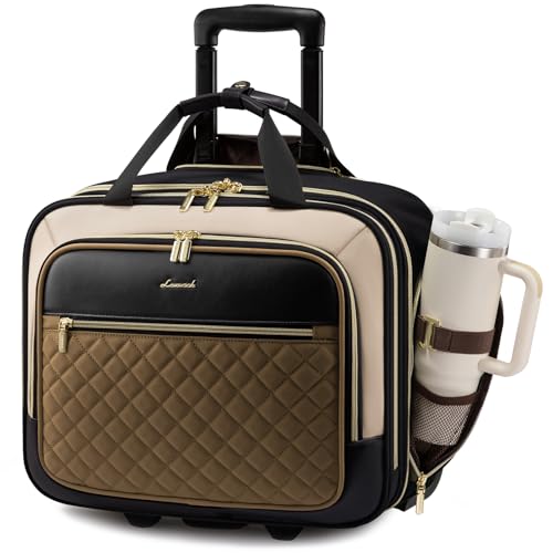 LOVEVOOK Rolling Laptop Bag for Women, Underseat Carry On Bag with Wheels - color: Khaki-apricot