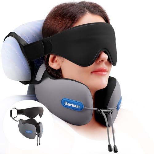 SARISUN Travel Neck Pillow with Strap & Eye Mask for Airplane Sleep Support - color: Grey&black