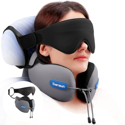 SARISUN Travel Neck Pillow with Strap & Eye Mask for Airplane Sleep Support - color: Grey&black