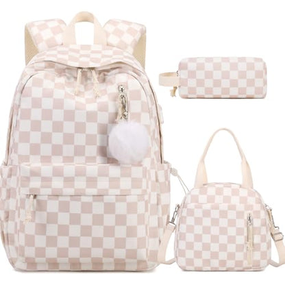3PCS Corduroy Girls Backpack w/ Lunch Box & Pencil Bag (Beige Chessboard) - color: Beige Chessboard