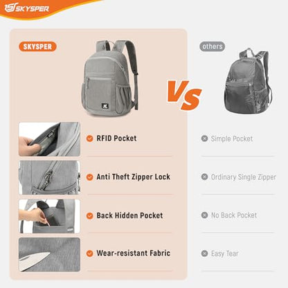 SKYSPER Anti Theft Hiking Backpack, 18L RFID Packable Travel Daypack, Lightweight Foldable Back Pack for Walking Daytrip - color: Grey, size: Small