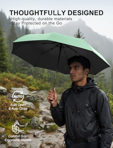 Windproof Travel Umbrella, Automatic Compact Folding Umbrella, Small Travel Size Umbrella for Rain, Backpack & Everyday Carry - color: Light Green