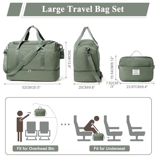 Large Travel Duffle Bag,Carry-on Overnight Weekender Bags for Women - color: Green with Toiletry Bag