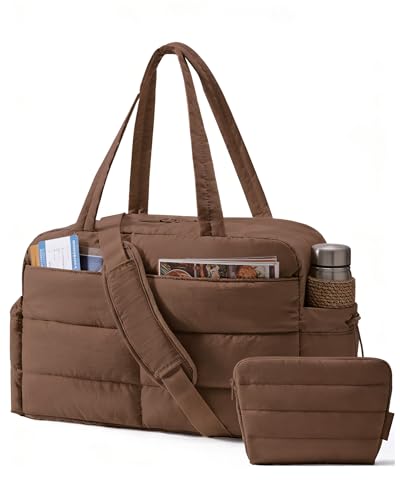 BAGSMART Gym Bag for Women, 2-PC Puffer Travel Duffle Bag Carry On Tote Bag - color: Coffee Brown