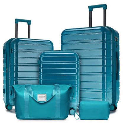 LARVENDER Luggage Sets 5 Piece, PC+ABS Expandable Suitcases with Wheels - color: Turbo Teal, size: 5 Piece Set (20/24/28/DB/TB)