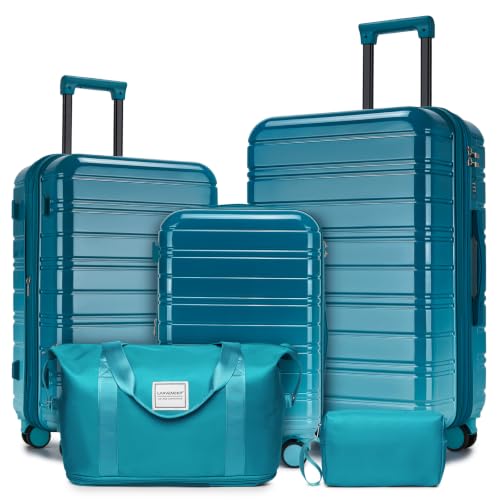 LARVENDER Luggage Sets 5 Piece, PC+ABS Expandable Suitcases with Wheels - color: Turbo Teal, size: 5 Piece Set (20/24/28/DB/TB)