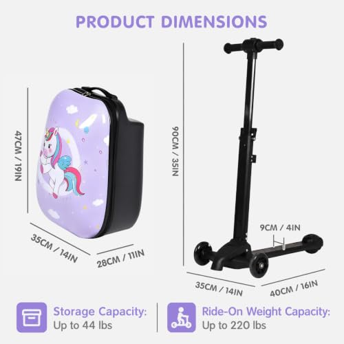Kids Ride-On Luggage, Scooter Carry-On Suitcase with LED Wheels, 22-inch - color: Purple Cute Pony