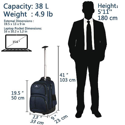 MATEIN Backpack with Wheels, Travel-friendly Rolling Laptop Backpack - color: Blue, size: 17-inch