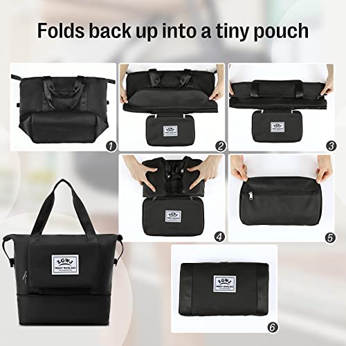 ZGWJ Travel Tote Bags, Expandable Overnight Weekender Bag for Women Foldable Carry-On - color: Black