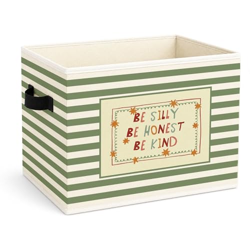 Kindness Storage Bin, Green Stripe Foldable Fabric Basket - color: Olive Stripe Be Kind Quote