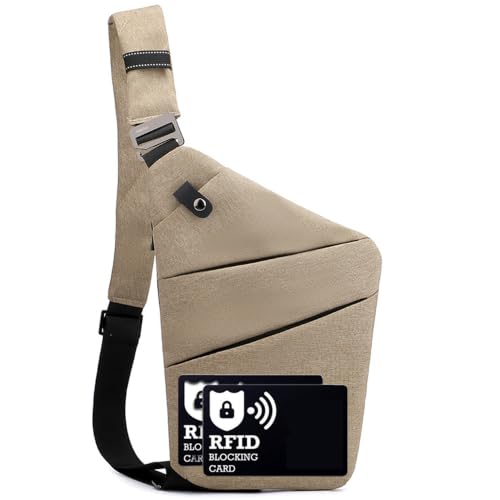Anti Theft Crossbody Bags for Women Men, Multi-Pocket Shoulder Bag, Slim Sling Bags with 2 RFID Blocking Card (Left Shoulder-Khaki) - color: Left Shoulder-khaki