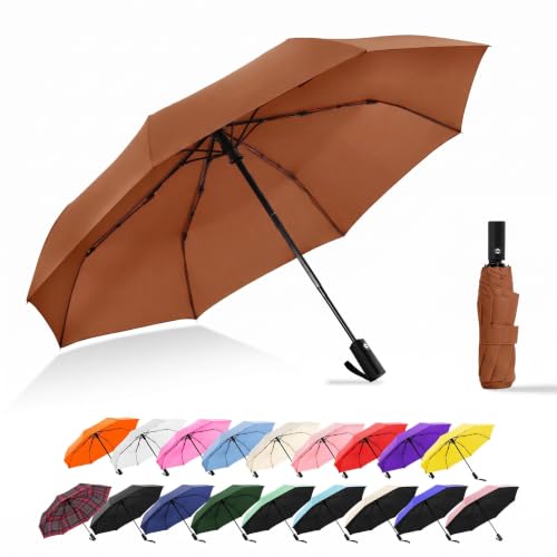 Windproof Travel Umbrella, Automatic Compact Folding Umbrella, Small Travel Size Umbrella for Rain, Backpack & Everyday Carry - color: Brown