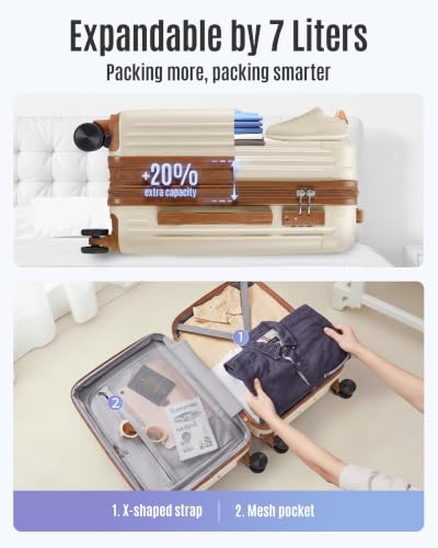 LIGHT FLIGHT 20 Inch Carry On Luggage 22x14x9 Airline Approved, Beige Brown | Durable ABS hardshell suitcase with TSA lock, 20% expandable capacity from 35L to 42L, silent 360 spinner wheels - color: Beige and Brown, size: Carry-On - 20"