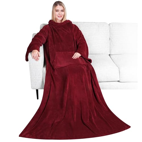 PAVILIA Blanket with Sleeves for Adult Women Men, Soft Warm Wearable Blanket Fleece Wrap Throw, Robe Blanket Gift - color: Wine