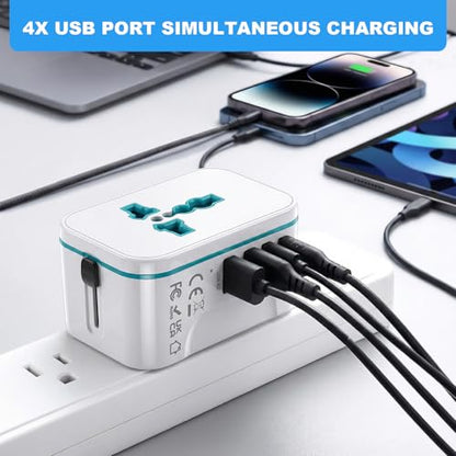 Universal Travel Adapter Worldwide, Multi Plugs Adapter with 2 USB-C & 2 USB-A, All-in-One AC Ports Wall Charger, International Power Converter for EU US UK AUS JP 200+ Countries (White) - color: WHITE