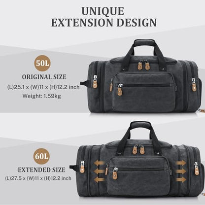 Gonex Canvas Duffle Bag, Expandable 60L Travel Overnight Weekender Bag - color: Dark Grey, size: X-Large-60L (With Shoe Compartment)