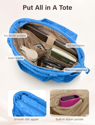 Uselike Tote Bag for Women, Lightweight Puffer Tote Work Bags with Compartments for Travel, Quilted Shoulder Bag with Zipper - color: Blue