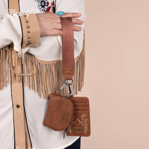 Wrangler Keychain Wristlet Wallets for Women Western Dual Pouch Wristlet Credit Card Holder Wallet - color: B-Brown