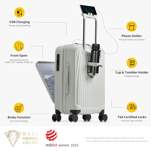 OIWAS Carry On Luggage with Cup Holder Top Opening Hardside Suitcase, White