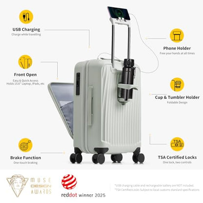 OIWAS Carry On Luggage with Cup Holder Top Opening Hardside Suitcase, White