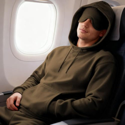 Ainangua Mens Oversized Pullover Essentials Hoodie with Eye Mask Built In Comfor Airplane Mode Travel Sleep Wearable Blanket - color: Brown, size: Small