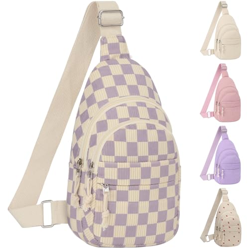 ELONGRIVER Corduroy Small Crossbody Bags for Women Teen Girls Trendy | Cute Sling Bag, Functional Cross Body Purses for Travel Hiking, Checkered Purple Purse - color: Checkered Purple