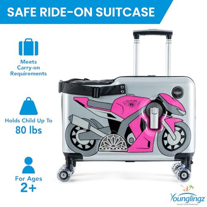 Younglingz LIL FLYER GO Version 2 Ride On Suitcase for Kids | Carry On Luggage with Toddler Seat, Foldable Handlebars, Pedals, and Removable Wheels | Holds up to 80 lbs | Pink Motorcycle | Ages 2-6 - color: Pink Motorcycle V2