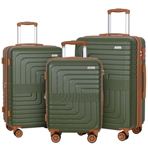 Romswi 3 Piece Luggage Sets, Expandable PC+ABS Hardshell Suitcase Set with TSA Lock YKK Zipper and Dual Spinner Wheels, Large Checked Travel Suitcases, 20/24/28 Inch, Olive Green - color: Olive Green, size: 3-Pcs Set (20"/24"/28")