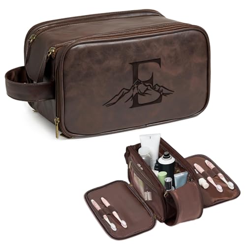 Travel Toiletry Bag For Mens PU Leather Engraved Initials (Dark Brown E) - color: Dark Brown, style: E