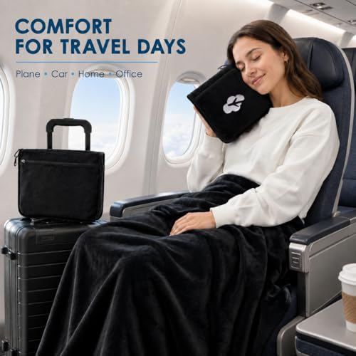 Nerien Blanket Pillow for Airplane Travel Essentials -3 in 1 Plane Travel Set Black - color: Black