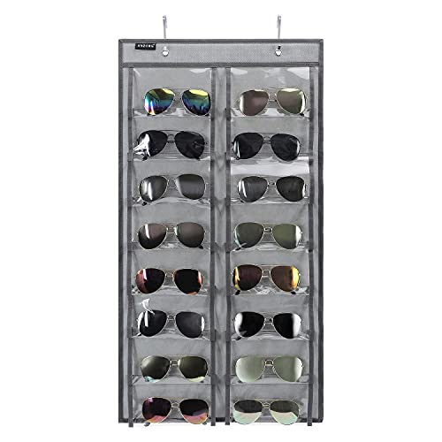Over the Door Hanging Sunglasses Organizer Storage Sunglass Rack Holder Eyewear Display Case with 16 Clear Dust Proof Pockets (16 Pockets-Grey) - color: 16 Pockets-Grey