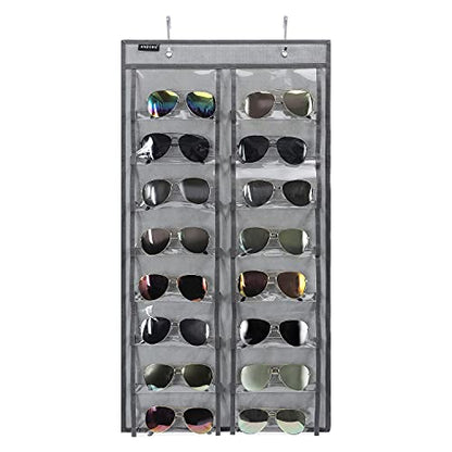 Over the Door Hanging Sunglasses Organizer Storage Sunglass Rack Holder Eyewear Display Case with 16 Clear Dust Proof Pockets (16 Pockets-Grey) - color: 16 Pockets-Grey