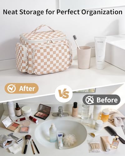 Narwey Hanging Travel Toiletry Bag for Women, Large Makeup Cosmetic Bag - color: A-Brown Checkerboard