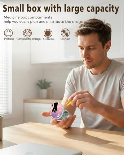 LRITER Pill Case, 3 Compartment Portable Travel Pill Box, Pillbox Organizer - color: Pink Starry Sky Cat