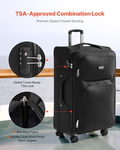 VEVOR Softside Expandable Luggage with Spinner Wheels, 28-Inch Softside Checked Large Luggage, Lightweight Checked Suitcase with Expandable Zippered Pocket and TSA Lock, Black - size: 28-Inch Black