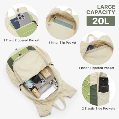 G4Free 20L Lightweight Packable Hiking Backpack for Women Men - color: Beige+lime Green+forest Green