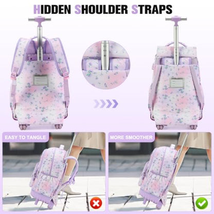 ACESAK Rolling Backpack for Girls with Lunch Bag & Pencil Pouch - color: Purple Floral