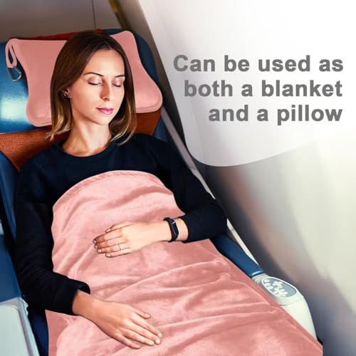 Travel Blanket and Pillow Compact, Premium Soft 2 in 1 Airplane Blanket with Soft Bag Pillowcase，Hand Luggage Sleeve and Backpack Clip (Solid Pink) - color: Pink