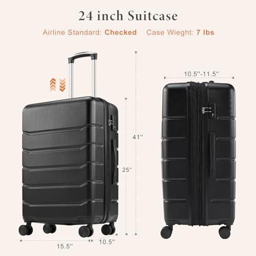 Sweetcrispy 24 Inch Checked Luggage, Suitcase with Spinner Wheels - color: Black, size: 24 Inch