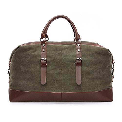 Army Green Weekender Overnight Bag Canvas Genuine Leather Travel Duffel Tote - color: Army Green